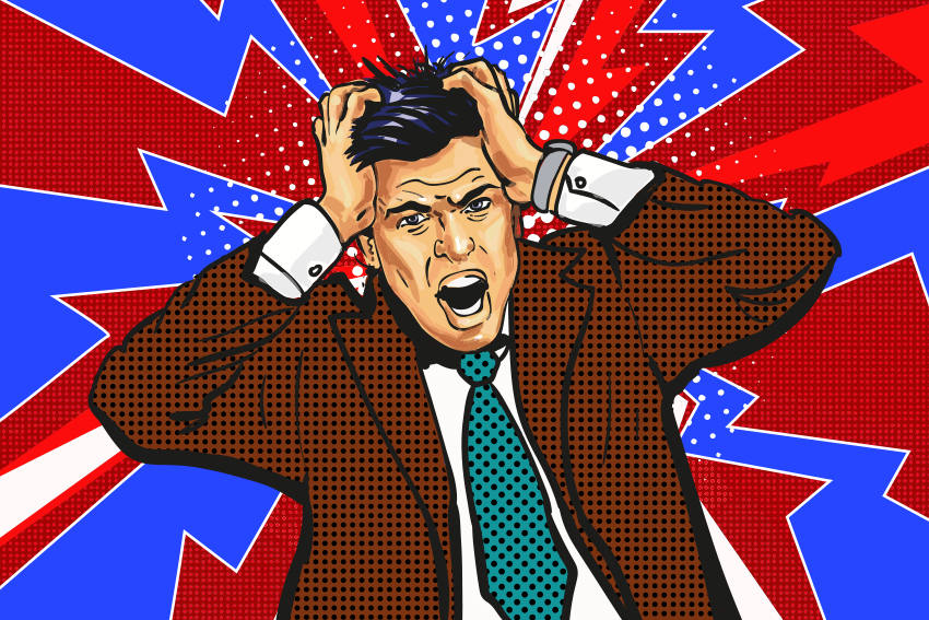 Drawing of a panicked man clutching his head with his hands and his mouth dropped open